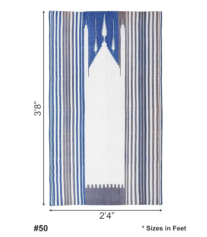 Hand Woven Prayer Mat | Islamic Prayer Mat, Sajada, Jainamaz Mat | Hand Knotted Cotton Carpet | Flat Weave Rugs for Living Room (Blue & White) 3.8x2.4