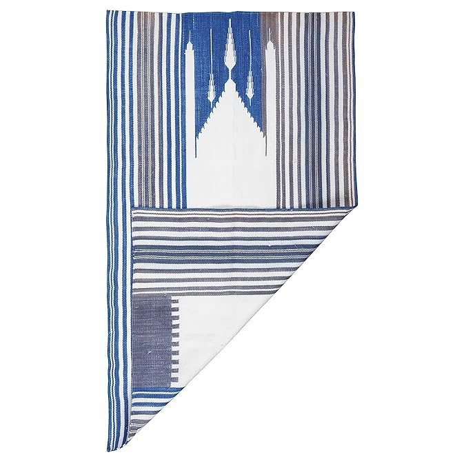 Hand Woven Prayer Mat | Islamic Prayer Mat, Sajada, Jainamaz Mat | Hand Knotted Cotton Carpet | Flat Weave Rugs for Living Room (Blue & White) 3.8x2.4