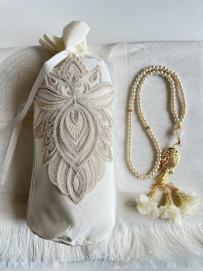 Muslim Prayer Rug, Bag and Prayer Beads I Perfect Islamic Gift I Mawlid Gift I Prayer Rug Travel I Muslim for Men&Women I Soft Islamic Prayer Mat | Luxury Islamic Gifts (White, 8 Sets)