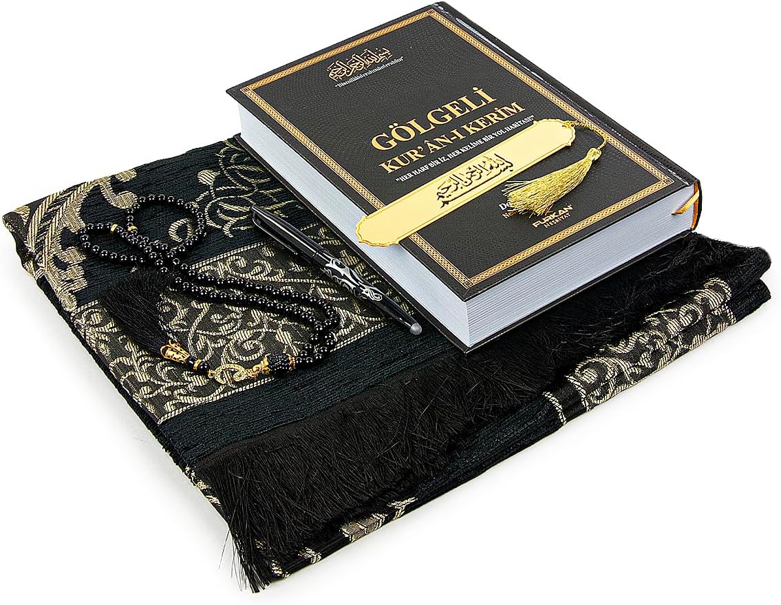 The Holy Qur'an Arabic Practice with Erasable Pen, The Study Noble Quran for Memorizers, Prayer Gift Set for Men & Women, Muslim Prayer Rug, Beads Taasbih, Praying Mat, Black