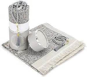 Muslim Prayer Rug and Prayer Beads with Elegant Cylinder Gift Box | Janamaz | Sajadah | Soft Islamic Prayer Rug | Islamic Gifts Set | Prayer Carpet Mat, Taffeta Fabric, Grey