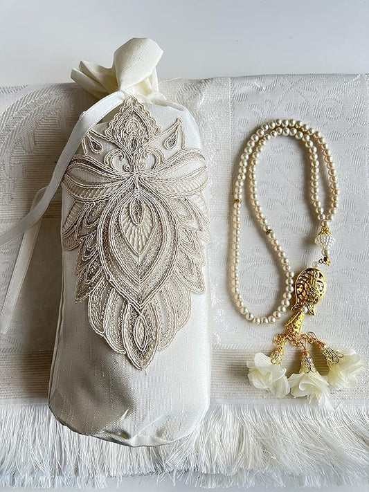 Muslim Prayer Rug, Bag and Prayer Beads I Perfect Islamic Gift I Mawlid Gift I Prayer Rug Travel I Muslim for Men&Women I Soft Islamic Prayer Mat | Luxury Islamic Gifts (White, 8 Sets)